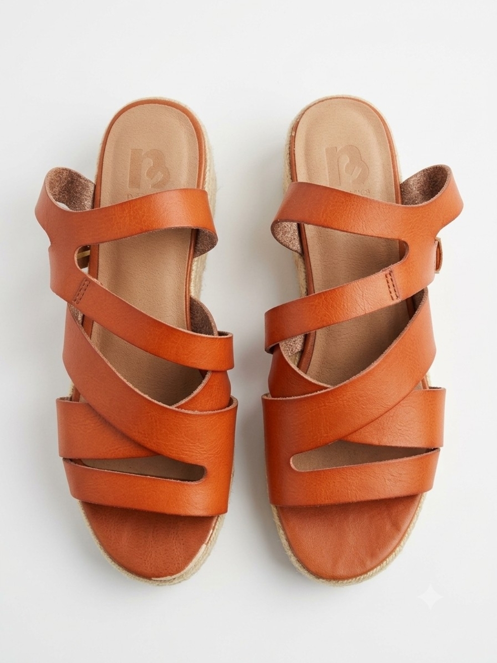 32 Degrees Cognac Leather Multi-Strap Slide Sandals
